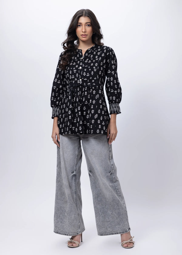 Printed Short Length Kurti in Black