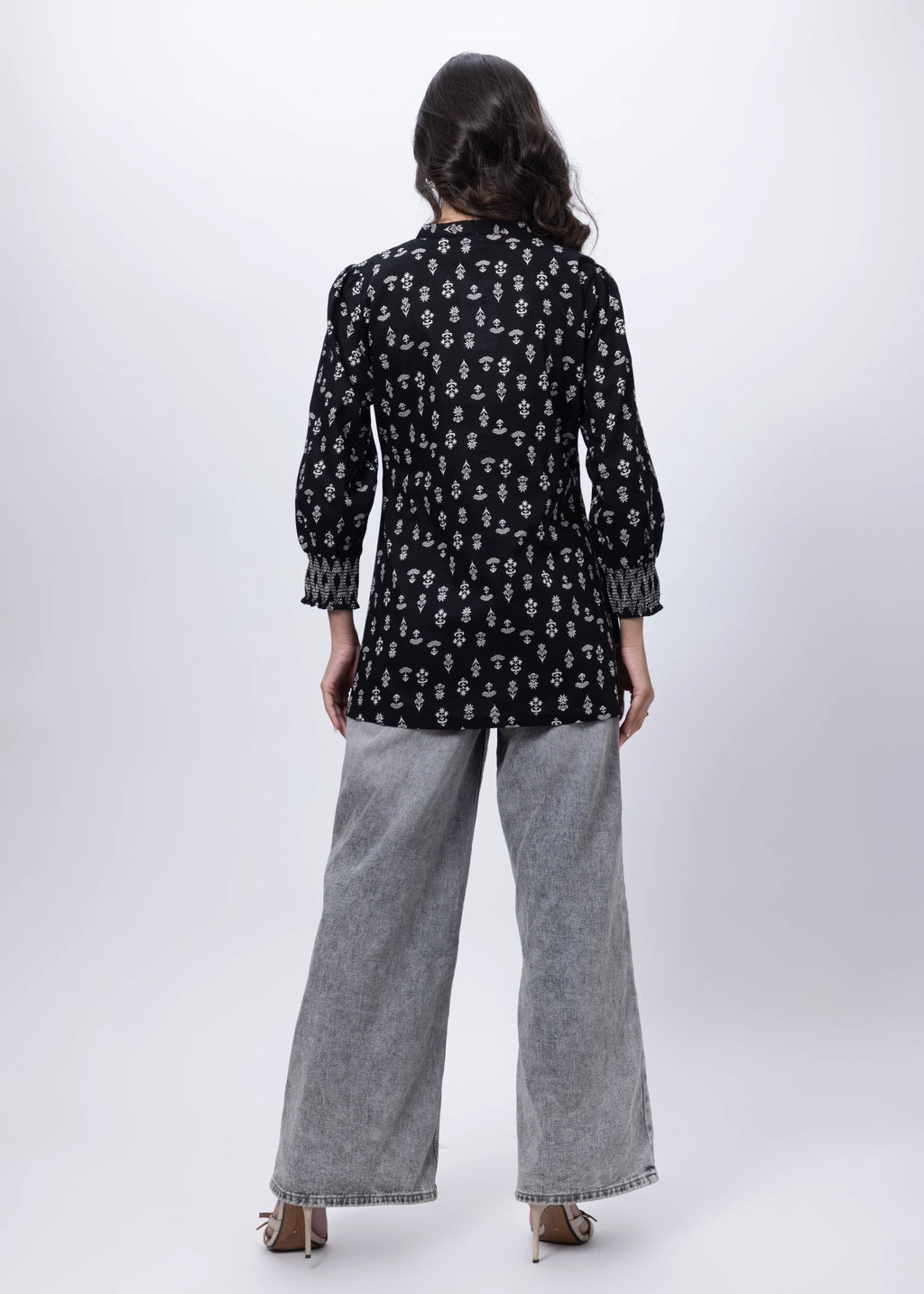 Printed Short Length Kurti in Black