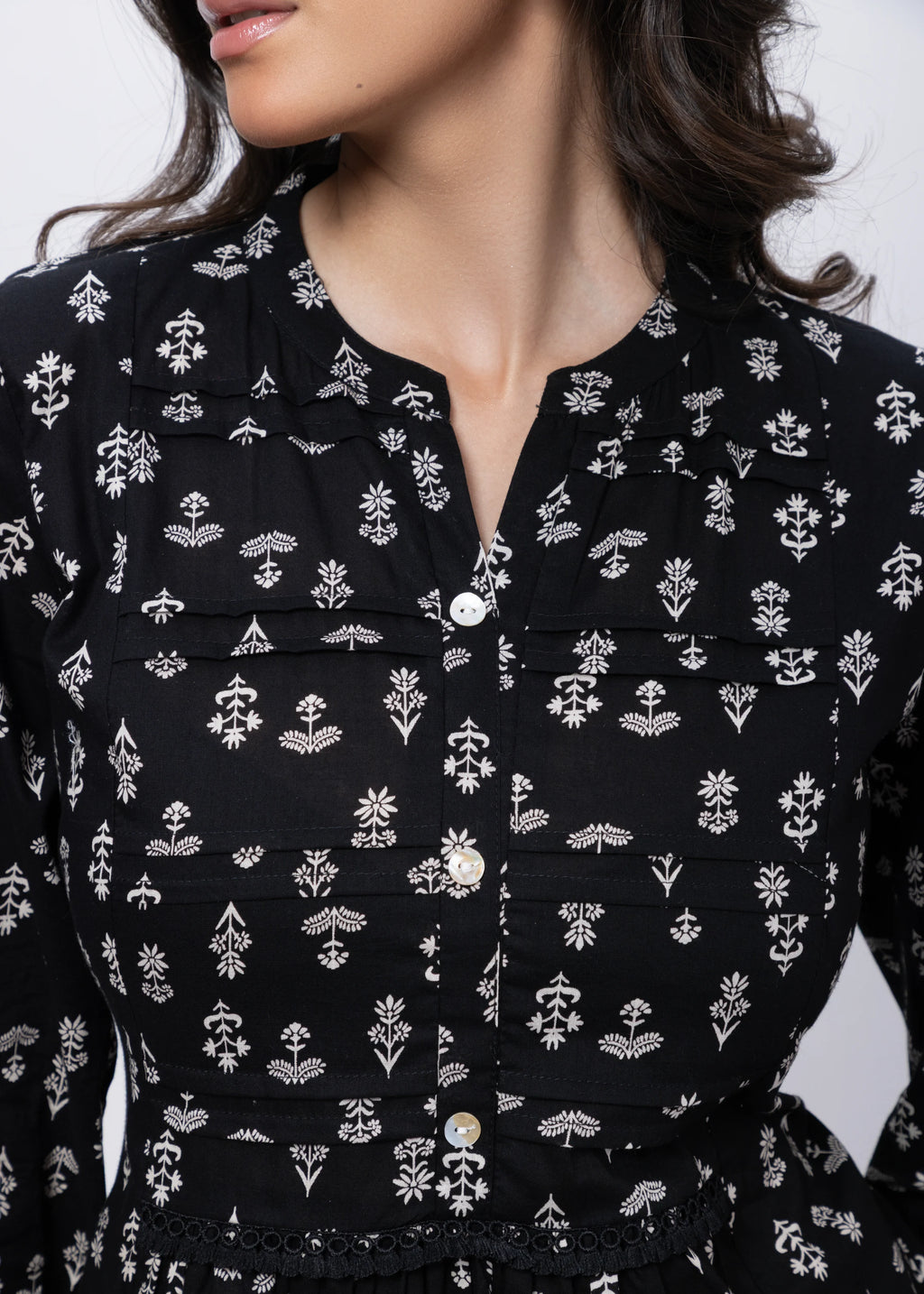 Printed Short Length Kurti in Black