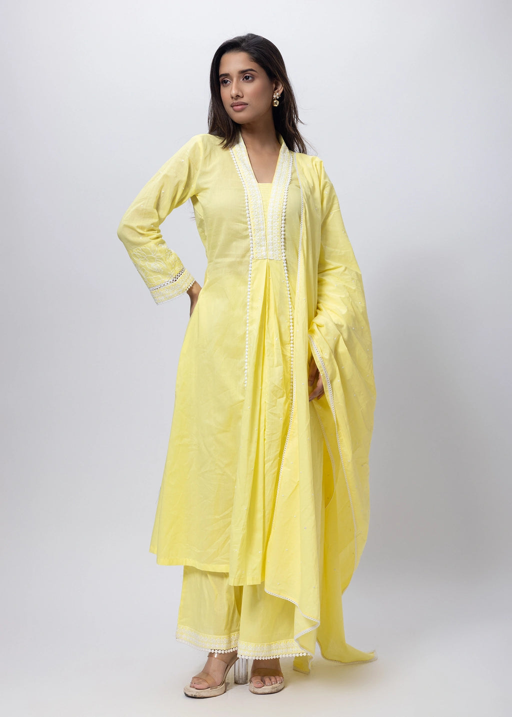 Embroidered Three Piece Suit Set in Lemon Yellow