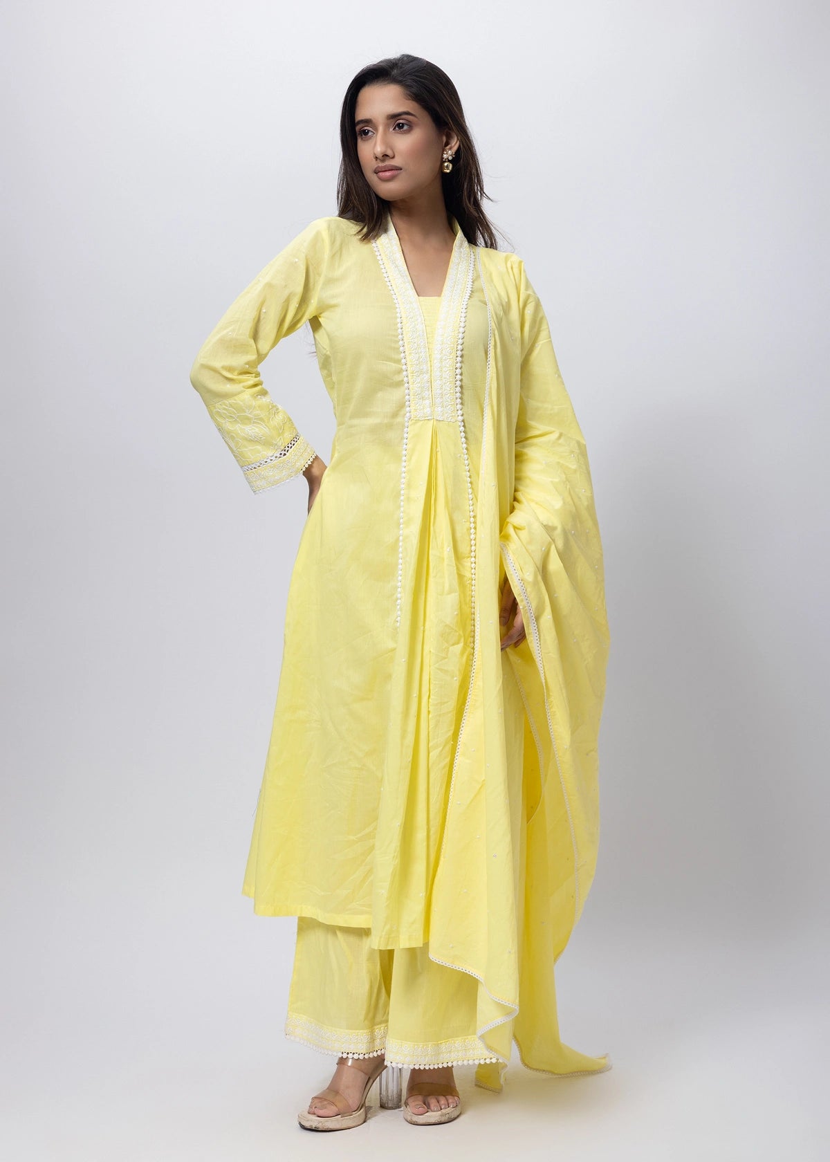 Embroidered Three Piece Suit Set in Lemon Yellow