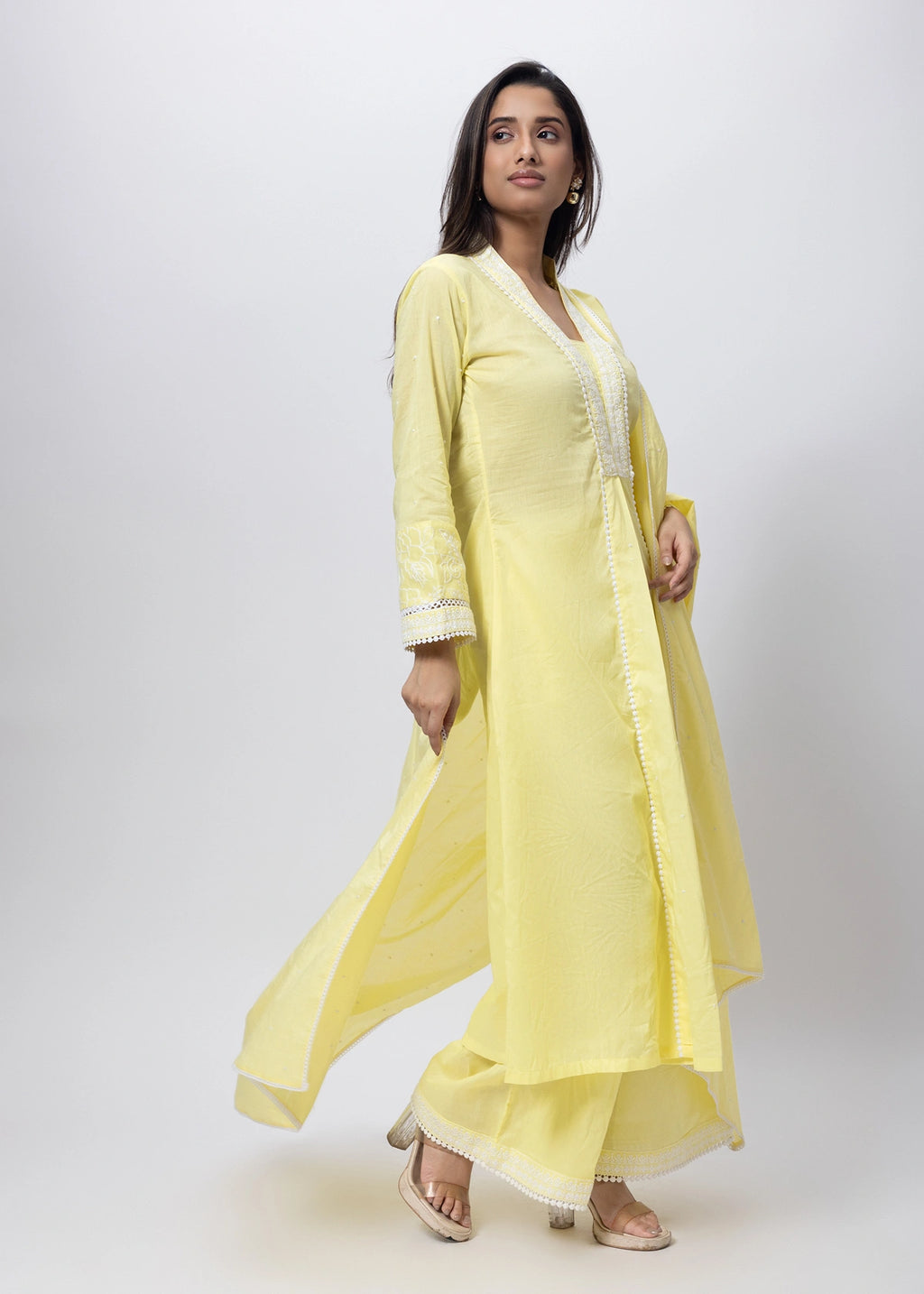 Embroidered Three Piece Suit Set in Lemon Yellow