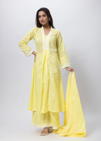 Embroidered Three Piece Suit Set in Lemon Yellow