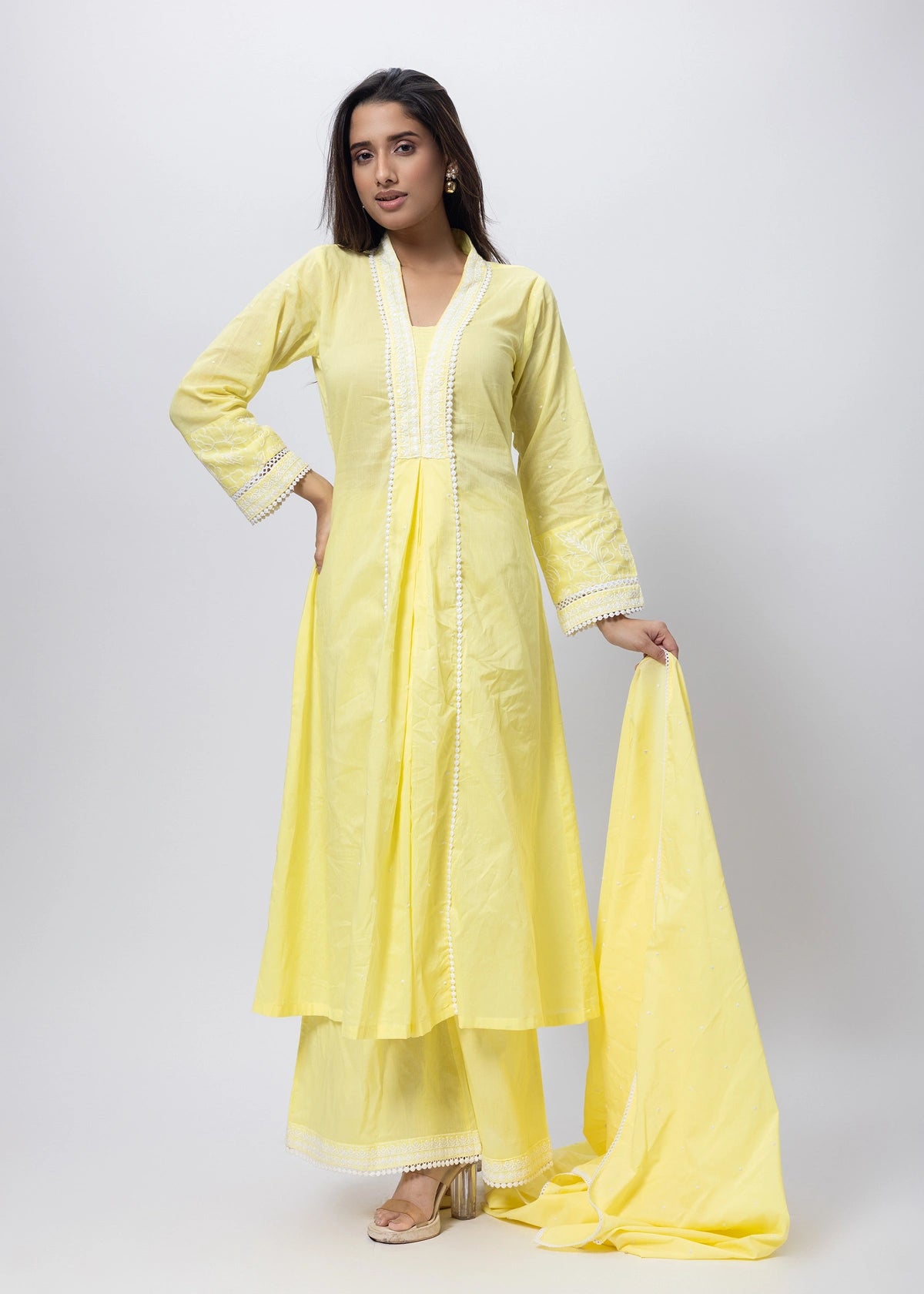 Embroidered Three Piece Suit Set in Lemon Yellow