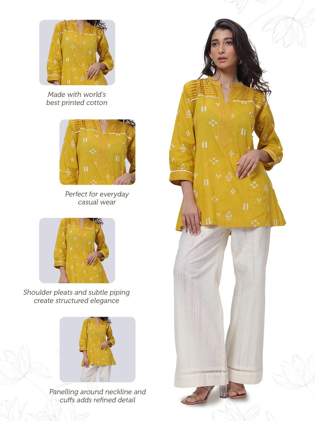 Printed Short Length Kurti in Mustard Yellow