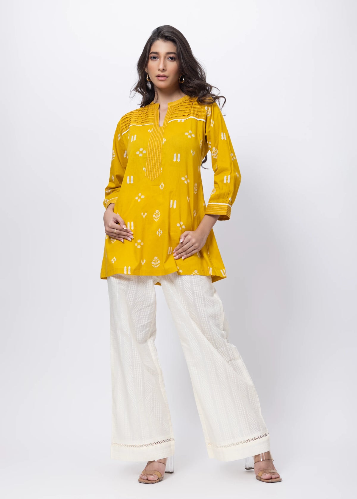 Printed Short Length Kurti in Mustard Yellow