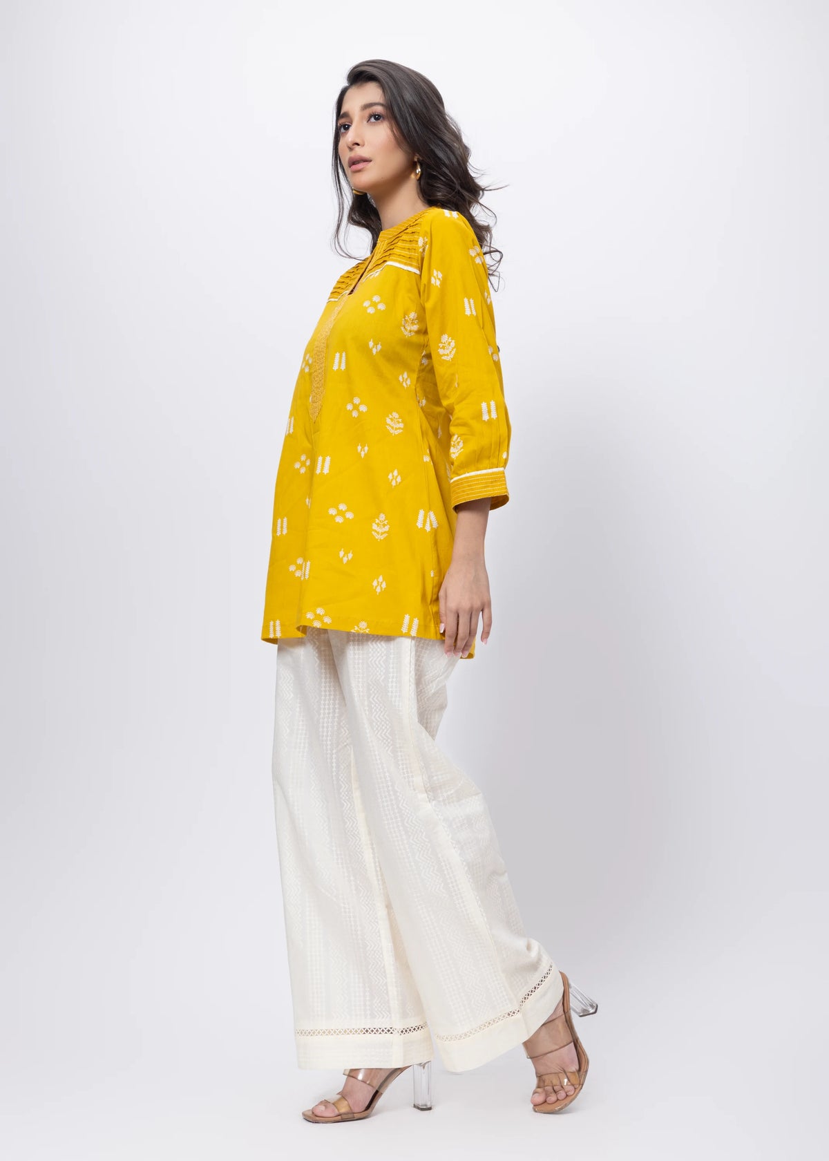 Printed Short Length Kurti in Mustard Yellow