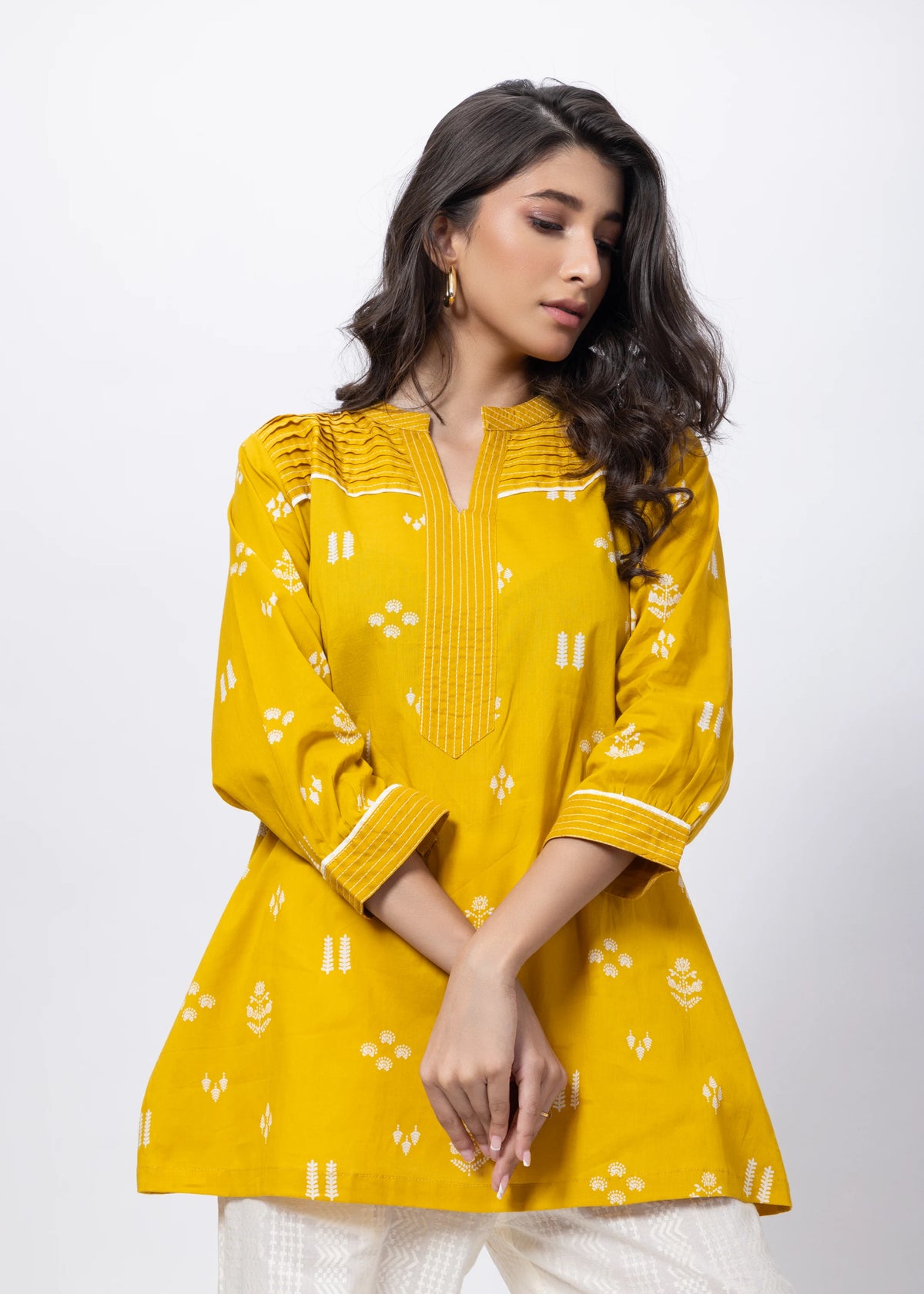 Printed Short Length Kurti in Mustard Yellow