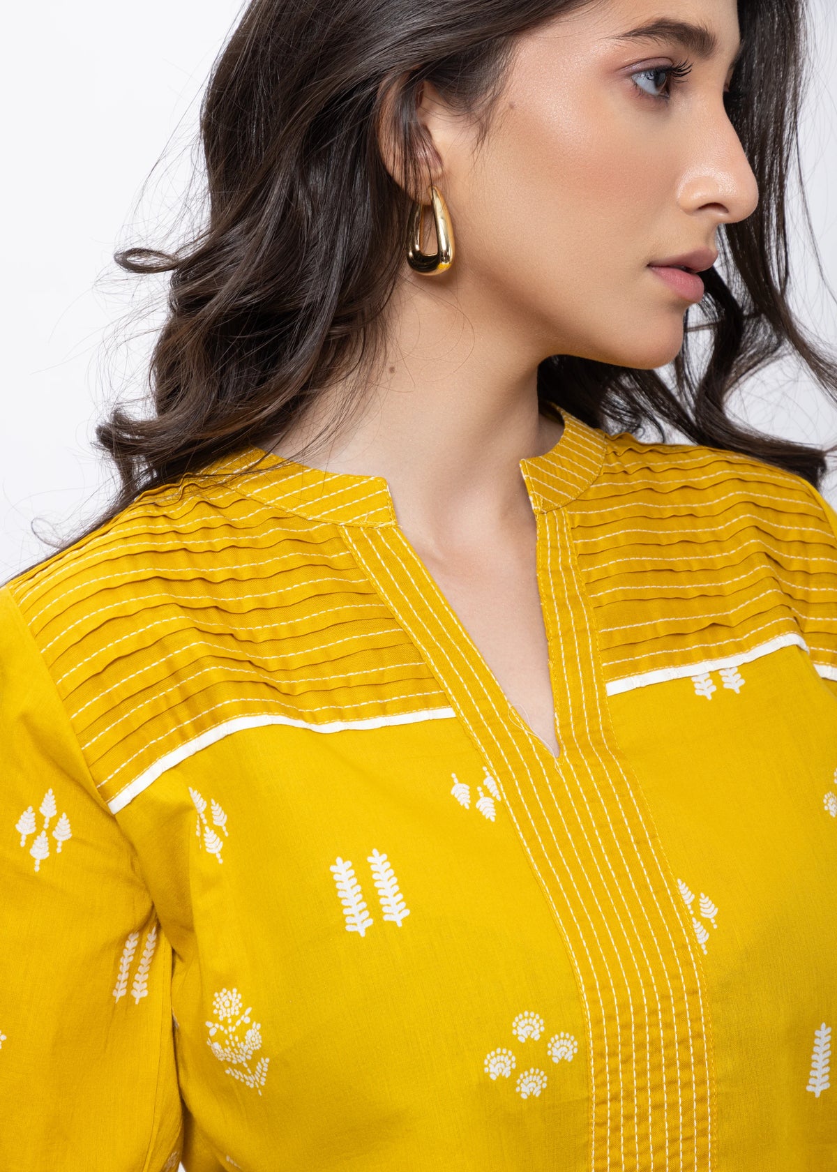 Printed Short Length Kurti in Mustard Yellow