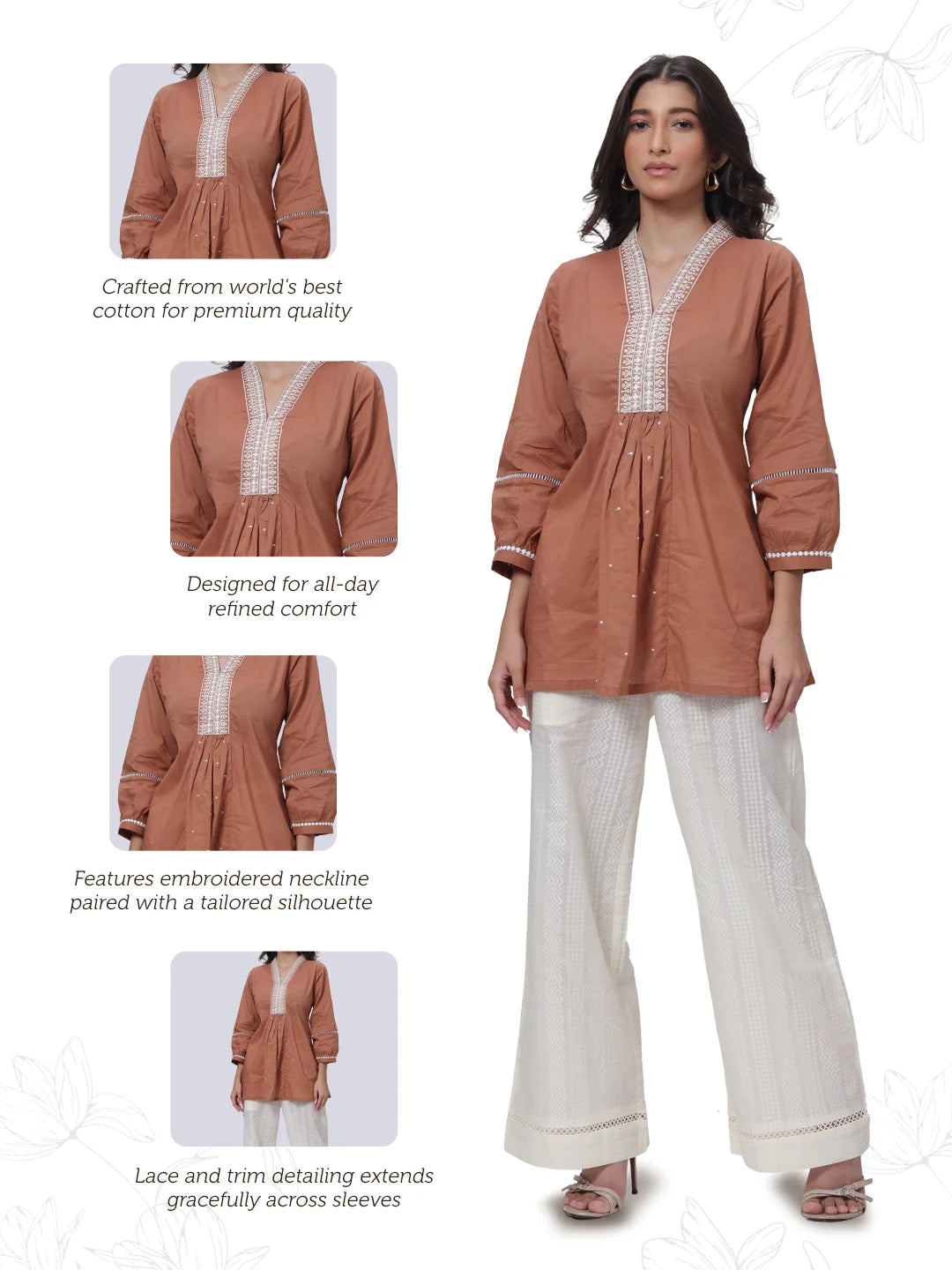 Embroidered Short Length Kurti in Biscuit Brown