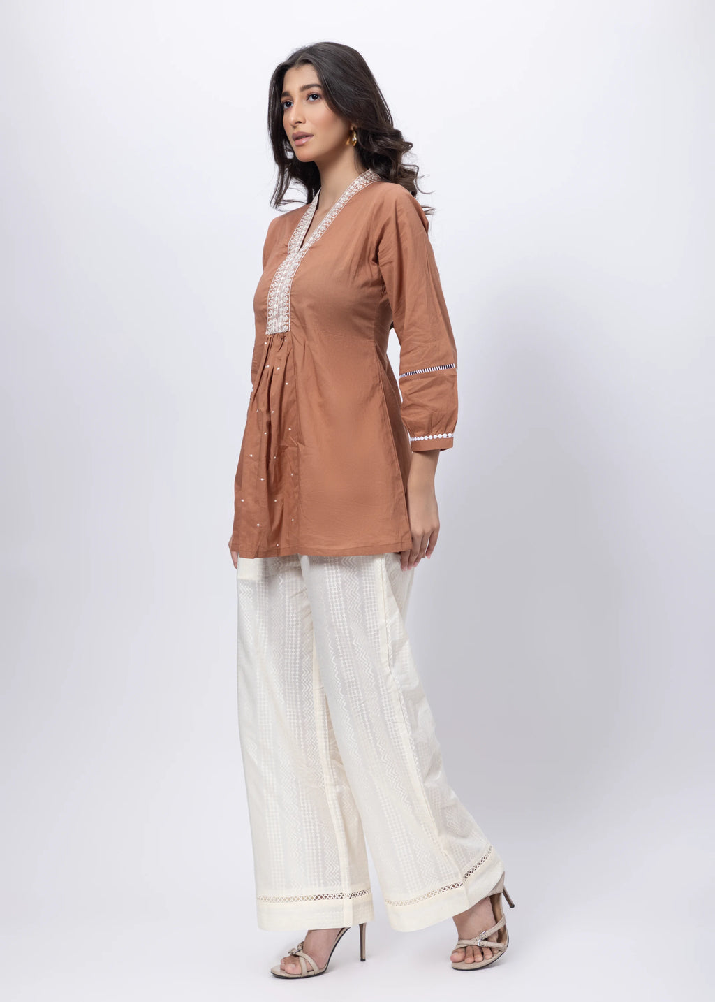 Embroidered Short Length Kurti in Biscuit Brown
