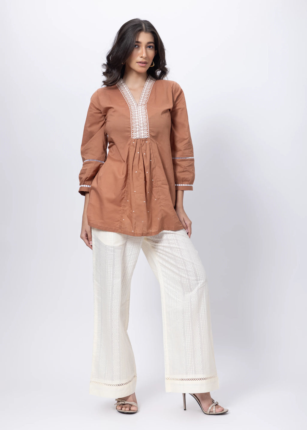 Embroidered Short Length Kurti in Biscuit Brown