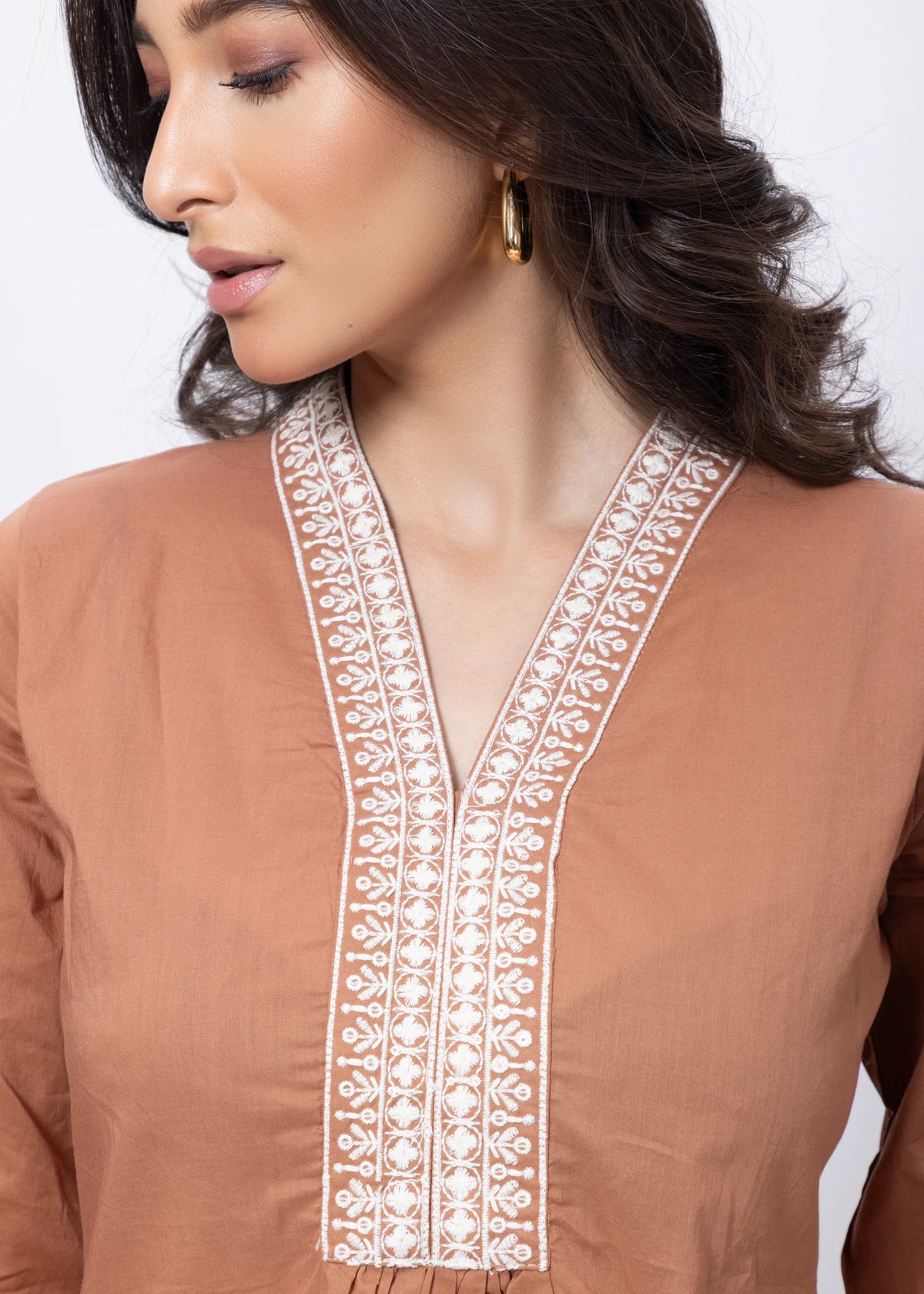 Embroidered Short Length Kurti in Biscuit Brown