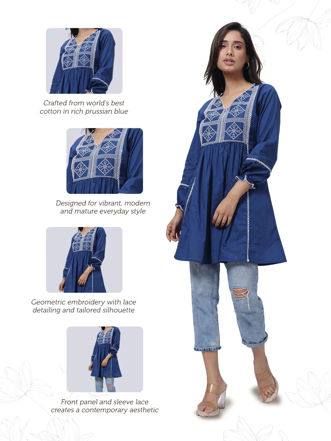 Embroidered Short Length Kurti in Prussian Bluex