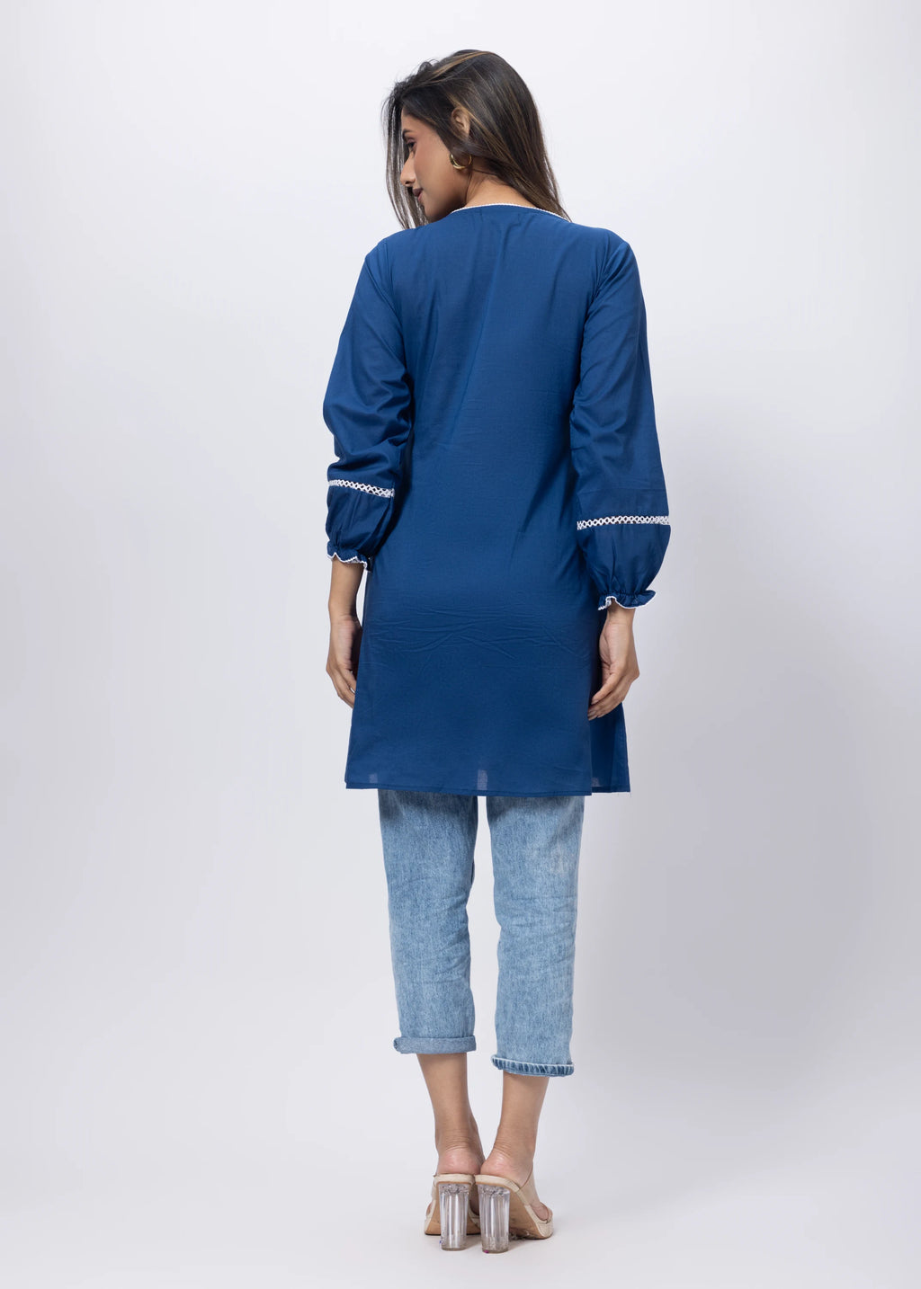 Embroidered Short Length Kurti in Prussian Bluex