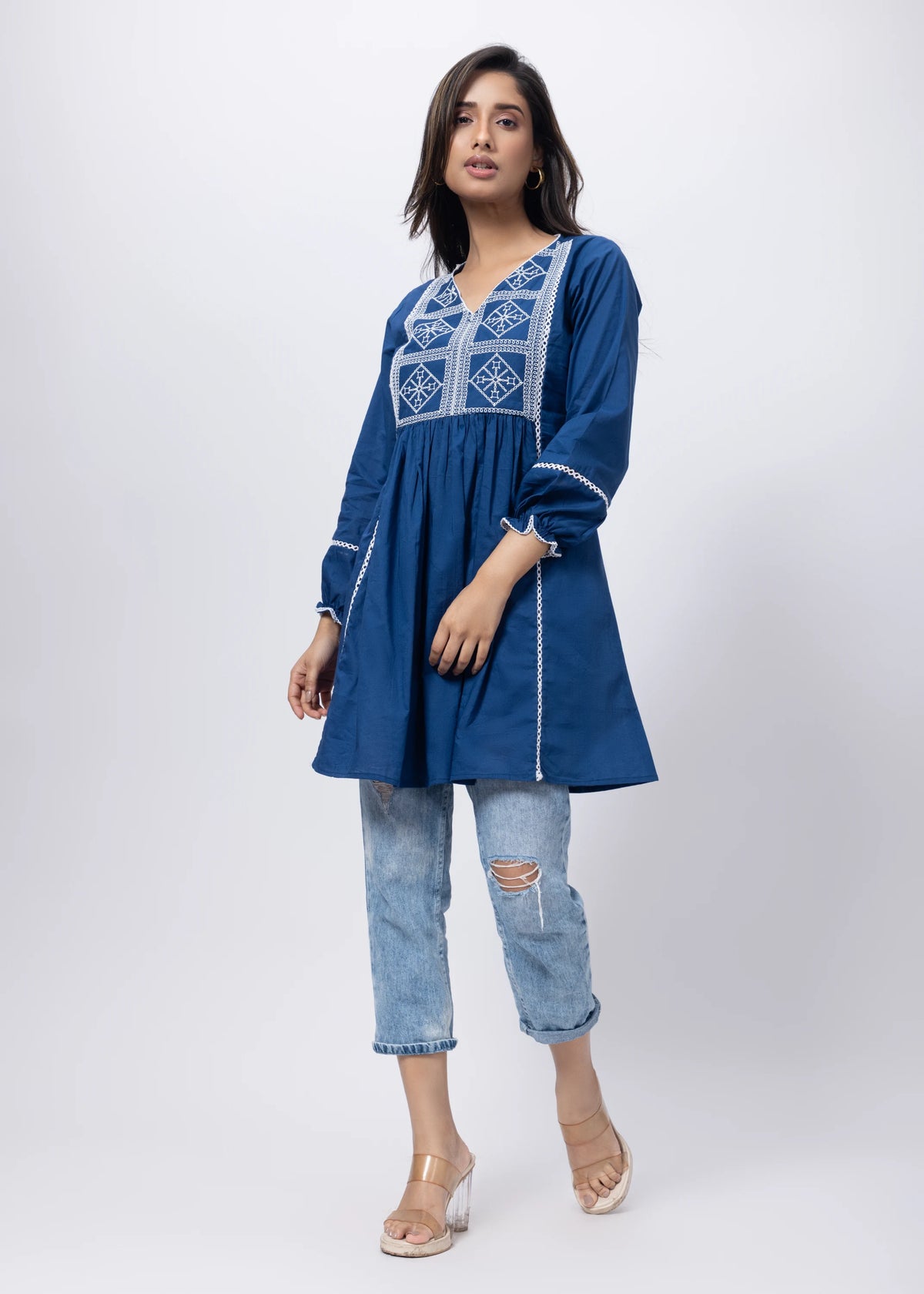 Embroidered Short Length Kurti in Prussian Bluex