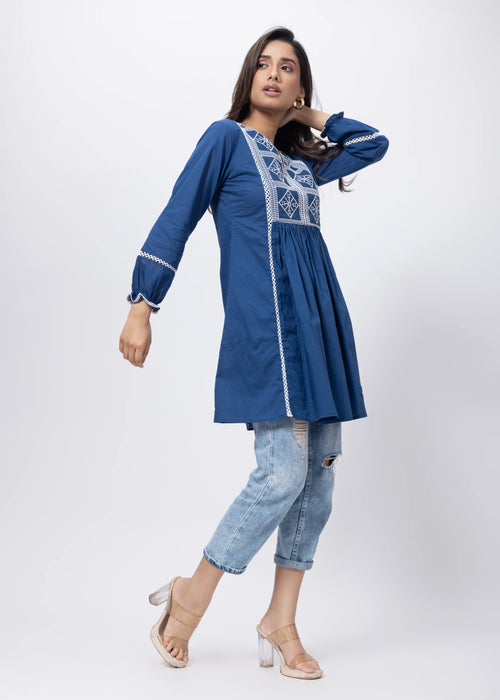 Embroidered Short Length Kurti in Prussian Bluex