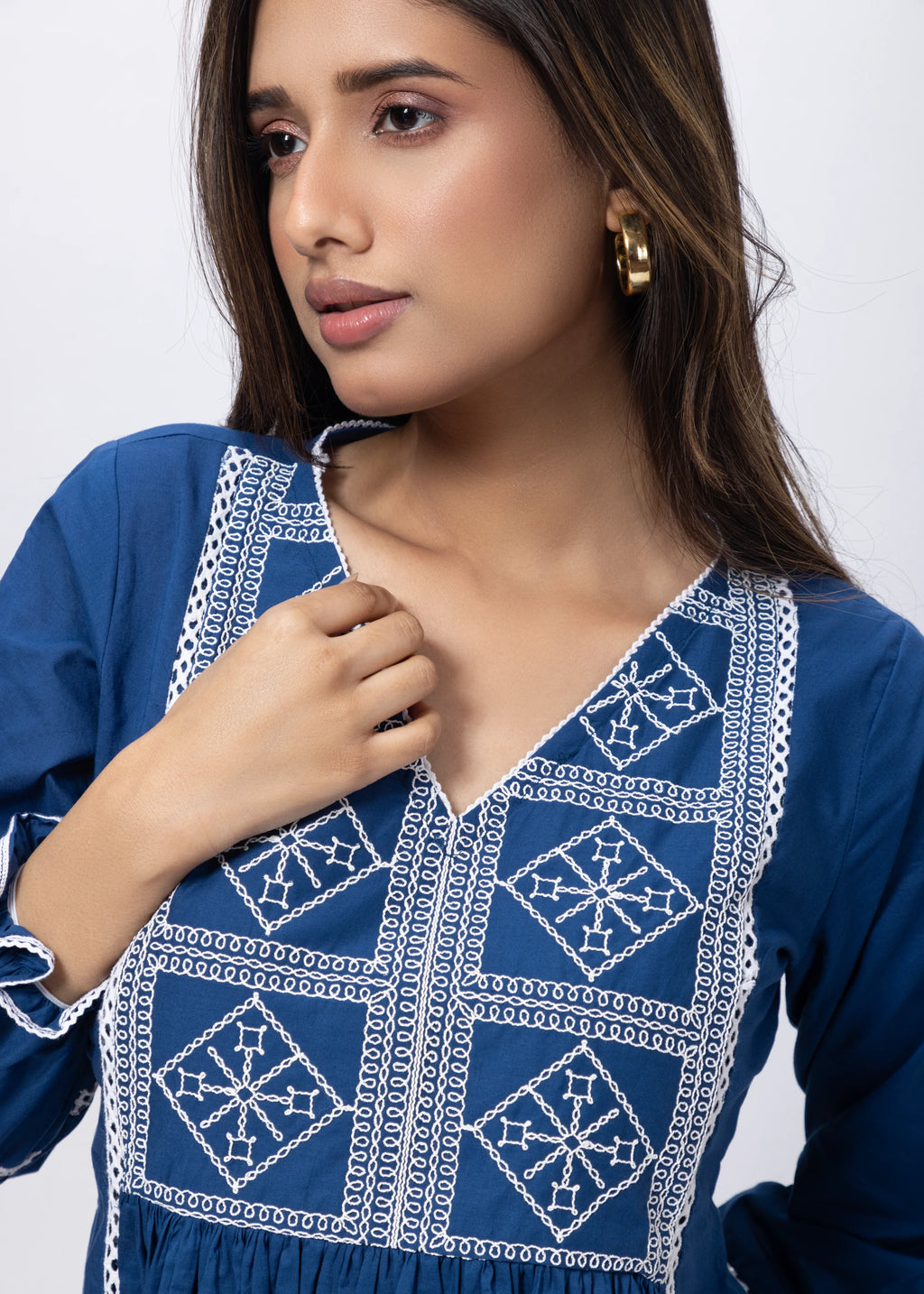 Embroidered Short Length Kurti in Prussian Bluex