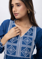 Embroidered Short Length Kurti in Prussian Bluex