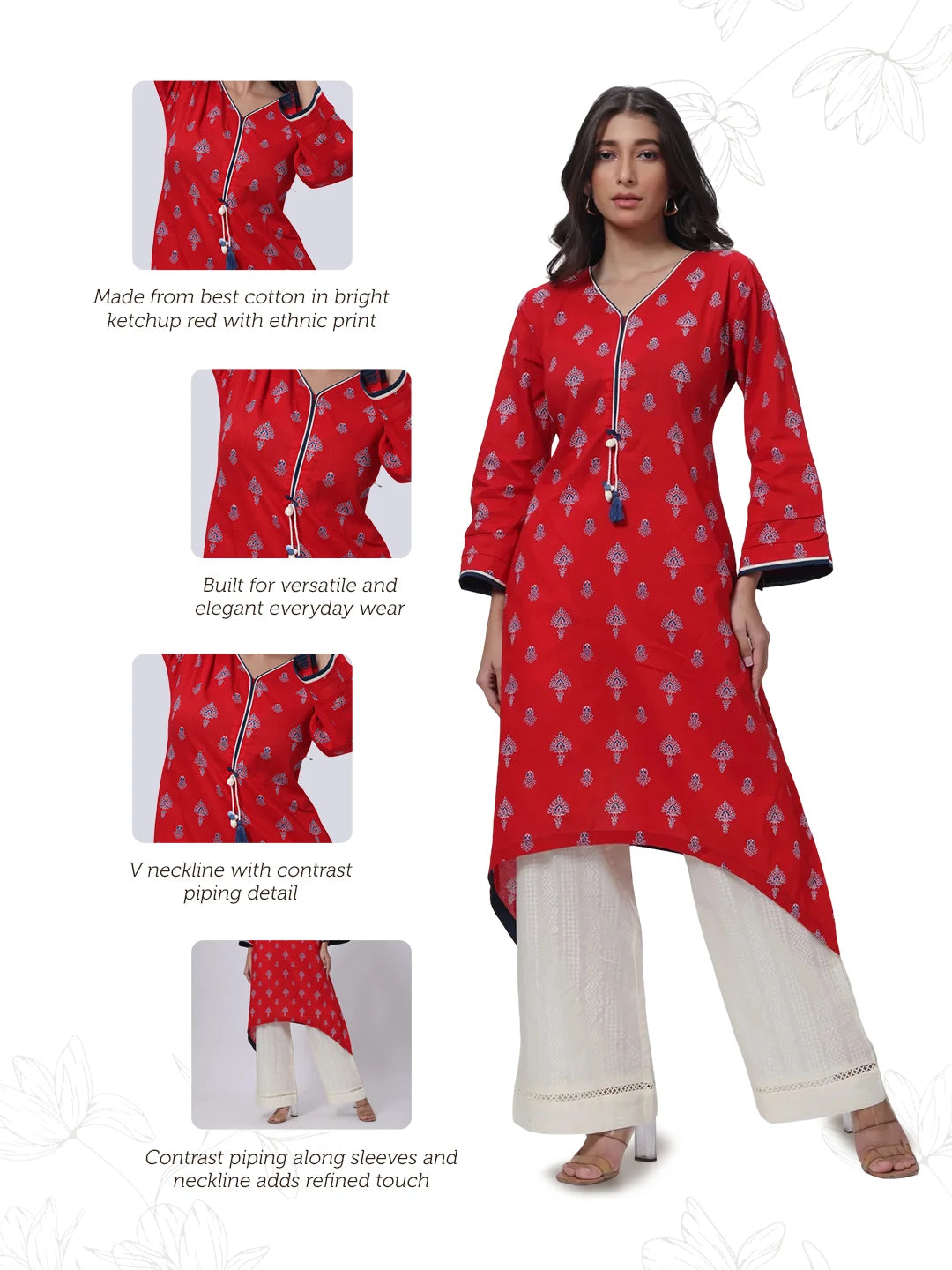 Printed Long Length Kurti in Ketchup Red