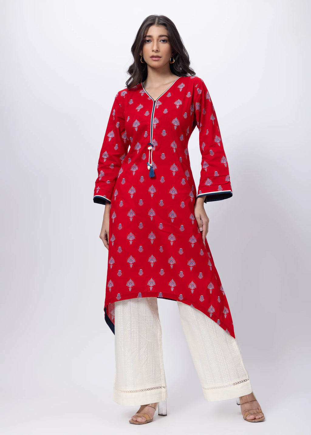 Printed Long Length Kurti in Ketchup Red