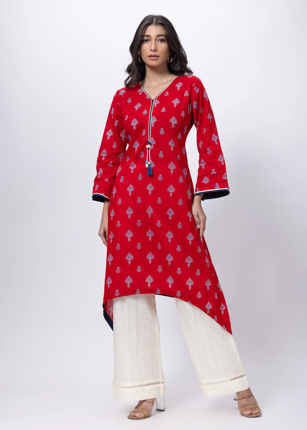 Printed Long Length Kurti in Ketchup Red