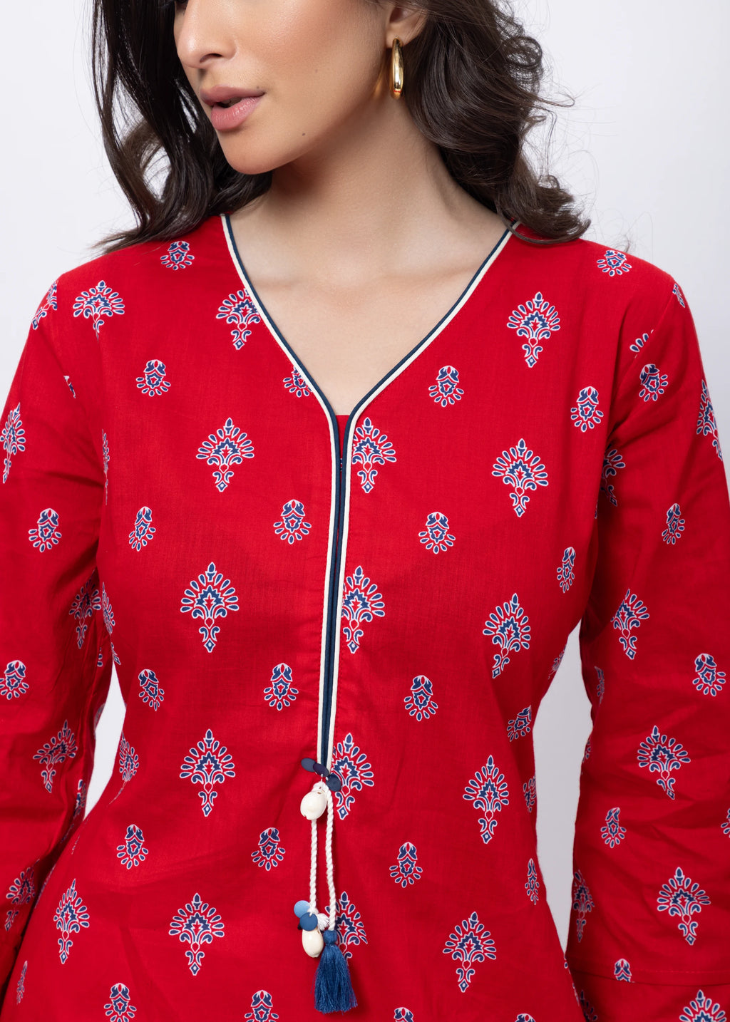 Printed Long Length Kurti in Ketchup Red