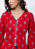 Printed Long Length Kurti in Ketchup Red