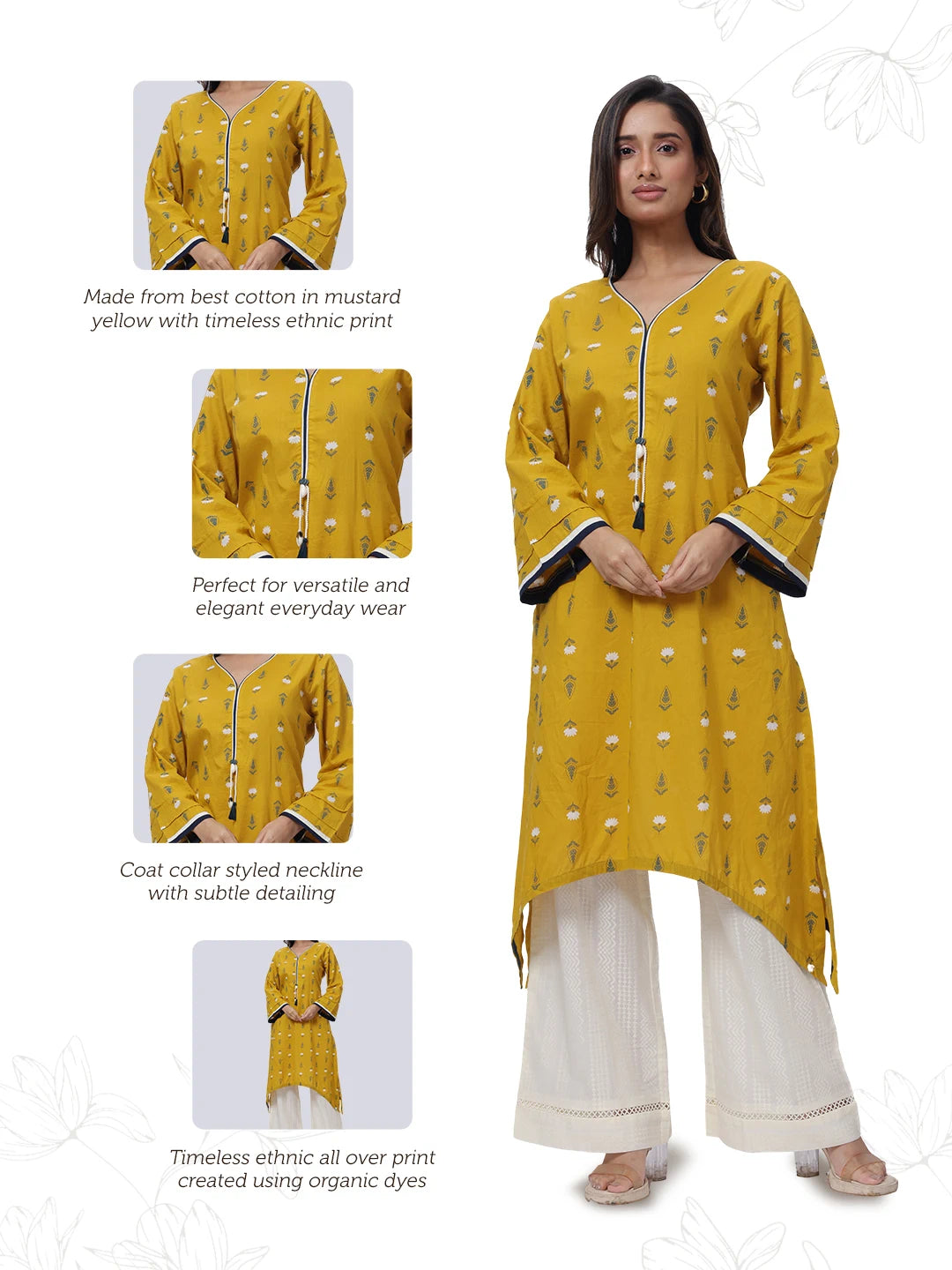 Printed Long Length Kurti in Mustard Yellow