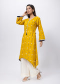 Printed Long Length Kurti in Mustard Yellow