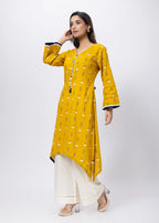 Printed Long Length Kurti in Mustard Yellow