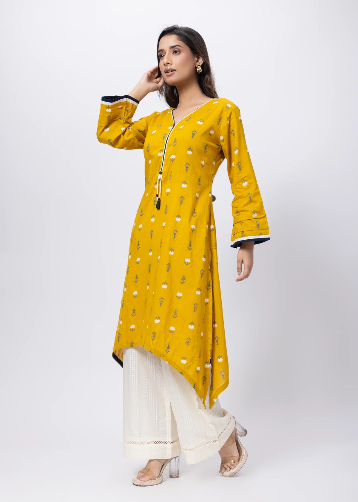 Printed Long Length Kurti in Mustard Yellow