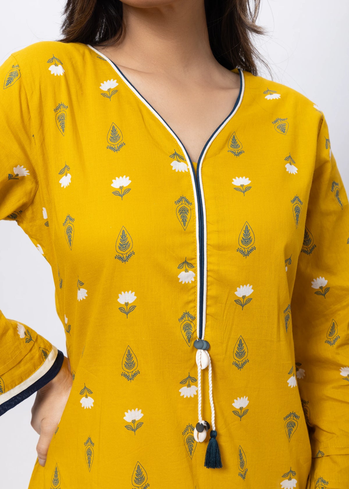 Printed Long Length Kurti in Mustard Yellow