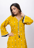 Printed Long Length Kurti in Mustard Yellow