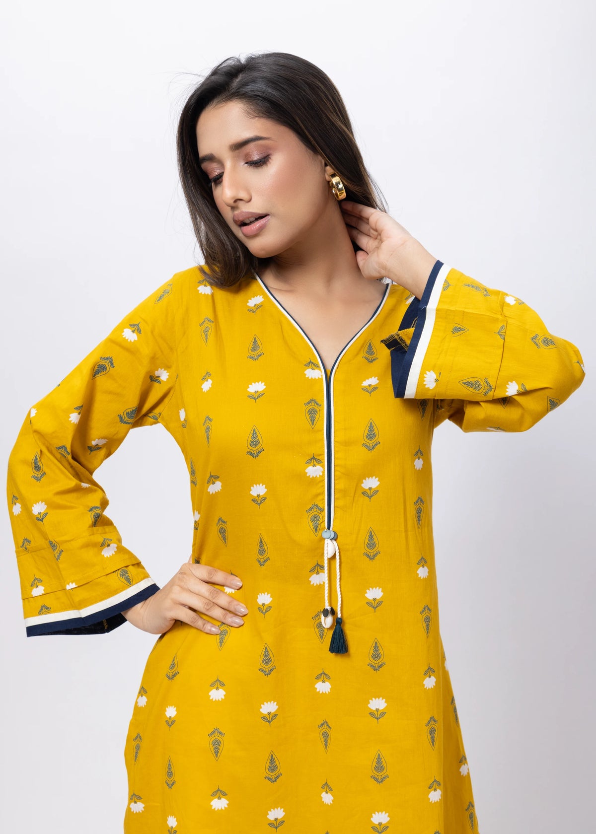 Printed Long Length Kurti in Mustard Yellow