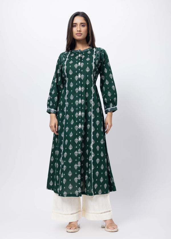 Printed Long Length Kurti in Emerald Green