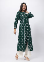Printed Long Length Kurti in Emerald Green