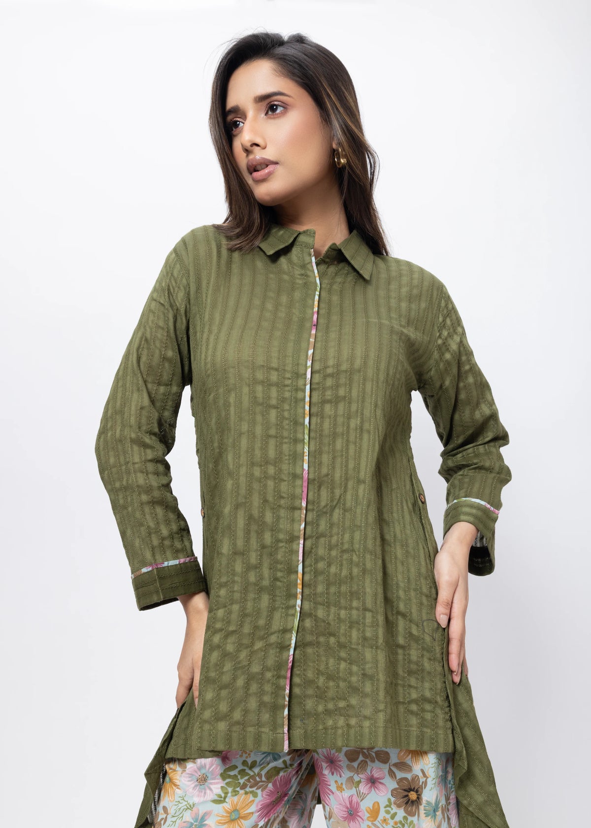 Printed and Textured Suit Set in Forest Green