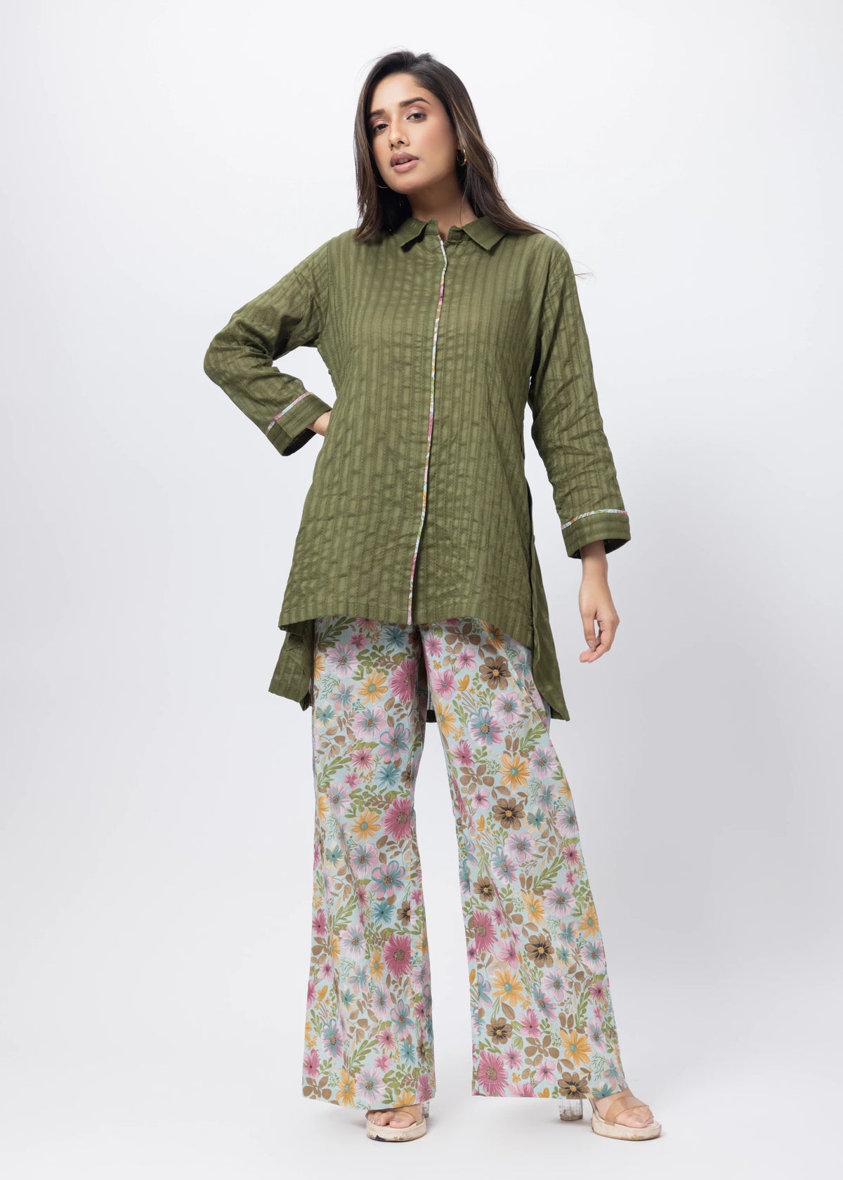Printed and Textured Suit Set in Forest Green