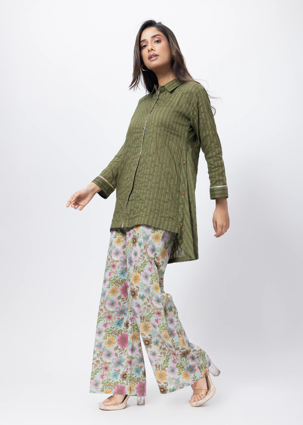 Printed and Textured Suit Set in Forest Green