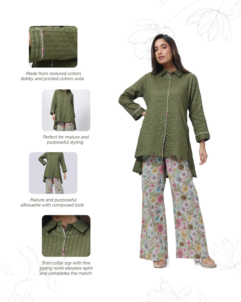 Printed and Textured Suit Set in Forest Green