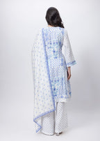 Printed Three Piece Suit Set in White and Blue