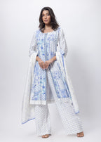 Printed Three Piece Suit Set in White and Blue