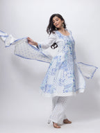 Printed Three Piece Suit Set in White and Blue