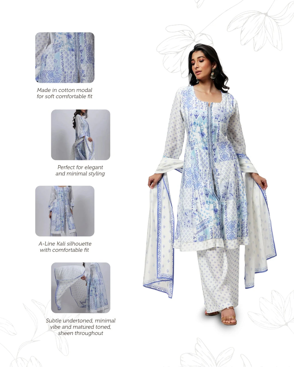 Printed Three Piece Suit Set in White and Blue