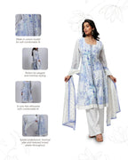 Printed Three Piece Suit Set in White and Blue