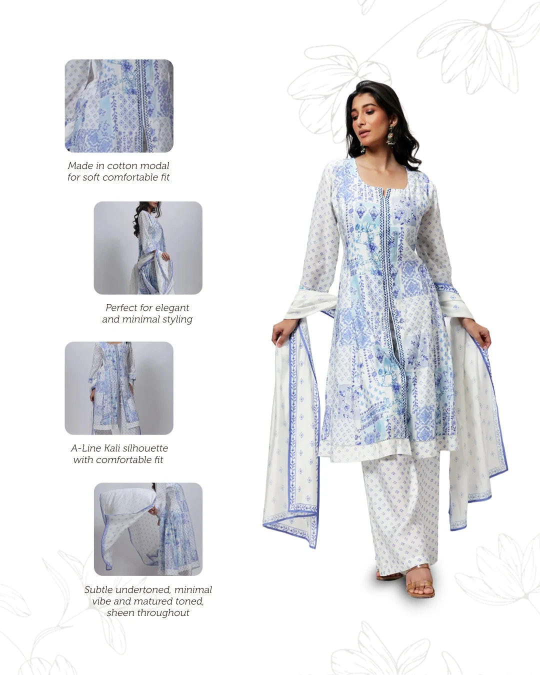 Printed Three Piece Suit Set in White and Blue