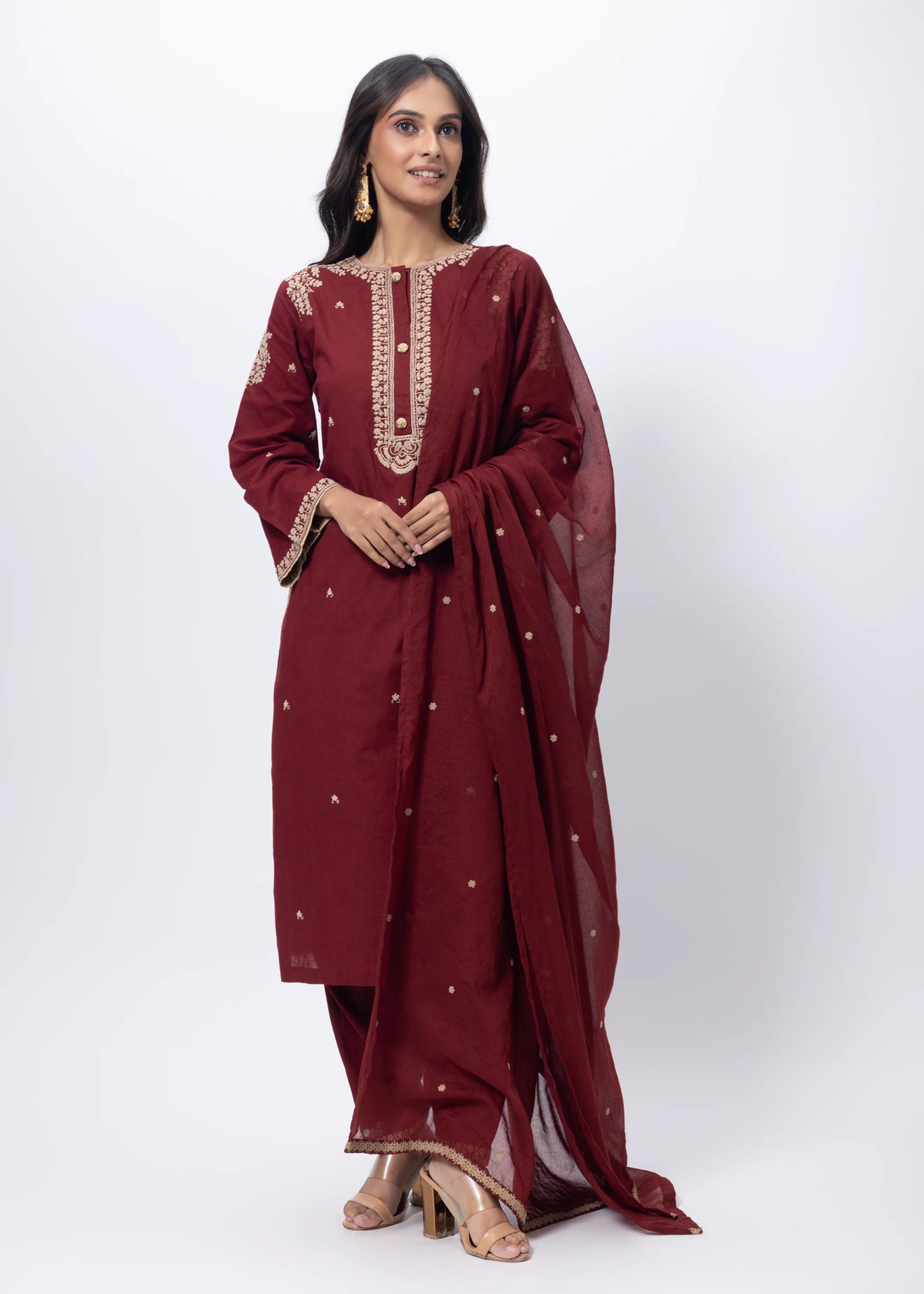 Embroidered Three Piece Suit Set in Maroon