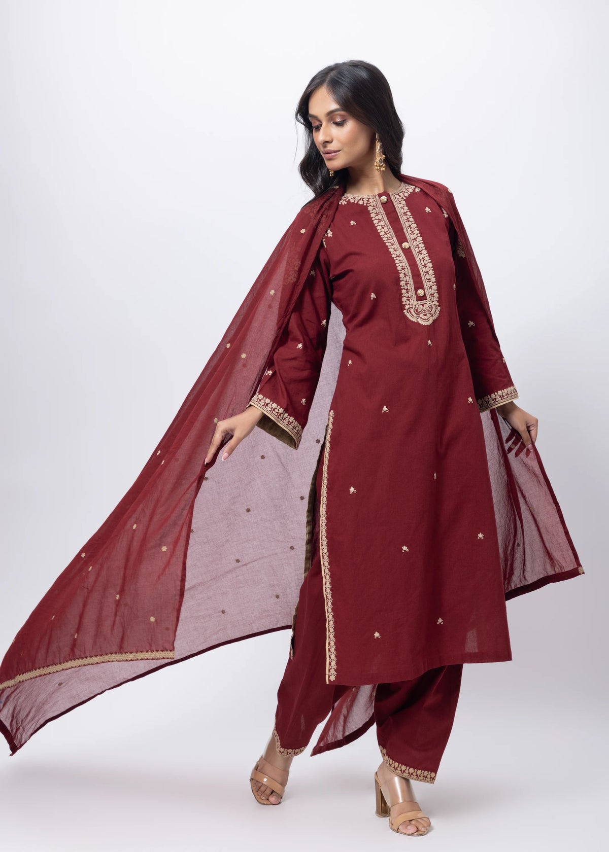 Embroidered Three Piece Suit Set in Maroon