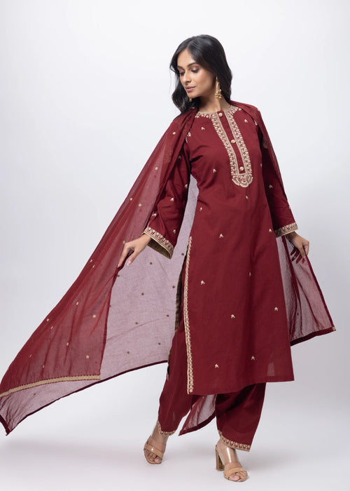 Embroidered Three Piece Suit Set in Maroon